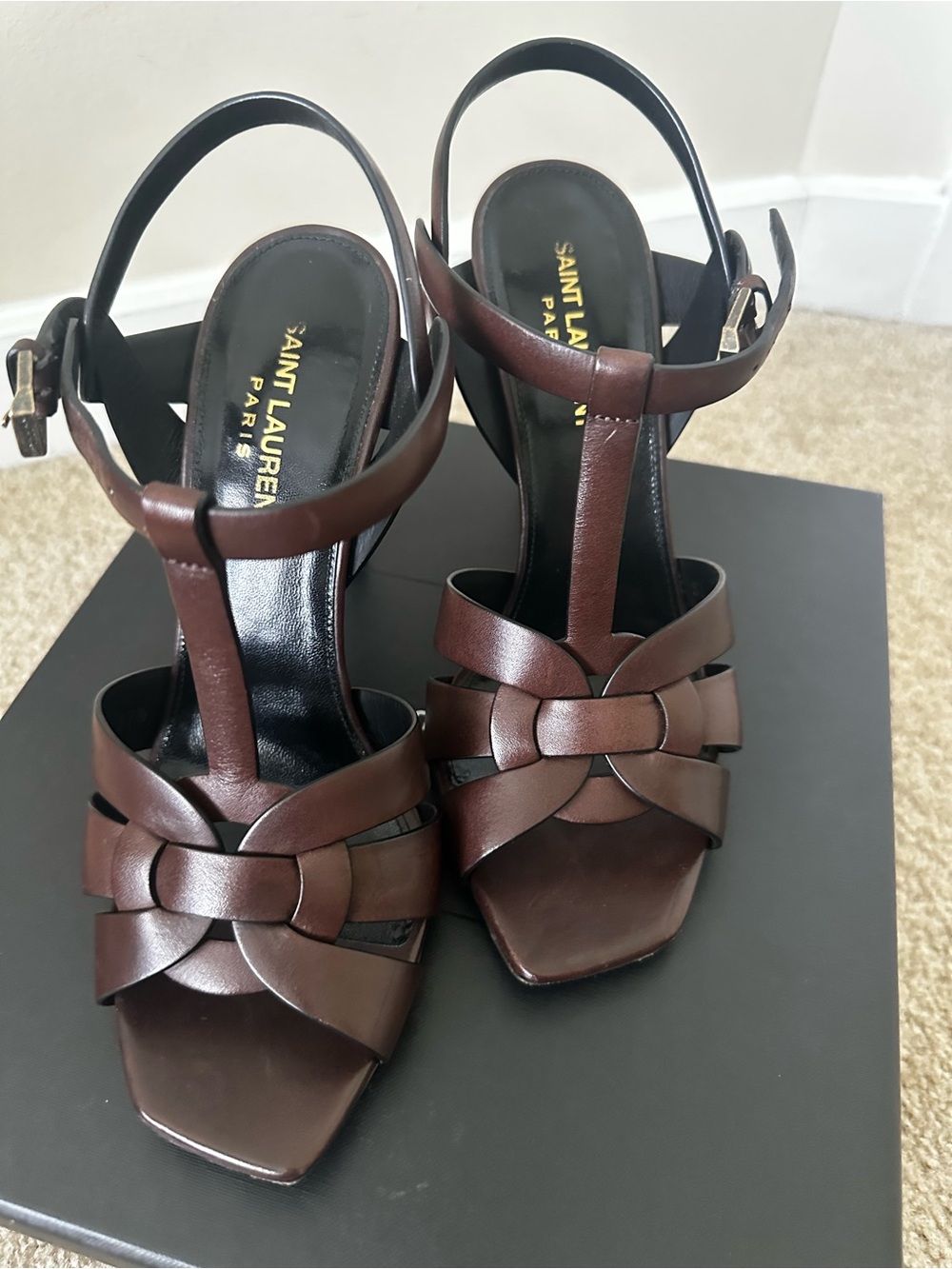 Authentic Saint Laurent Tribute T-Strap Leather Sandals Heels Brown Size 37 - Picture 7 of 13